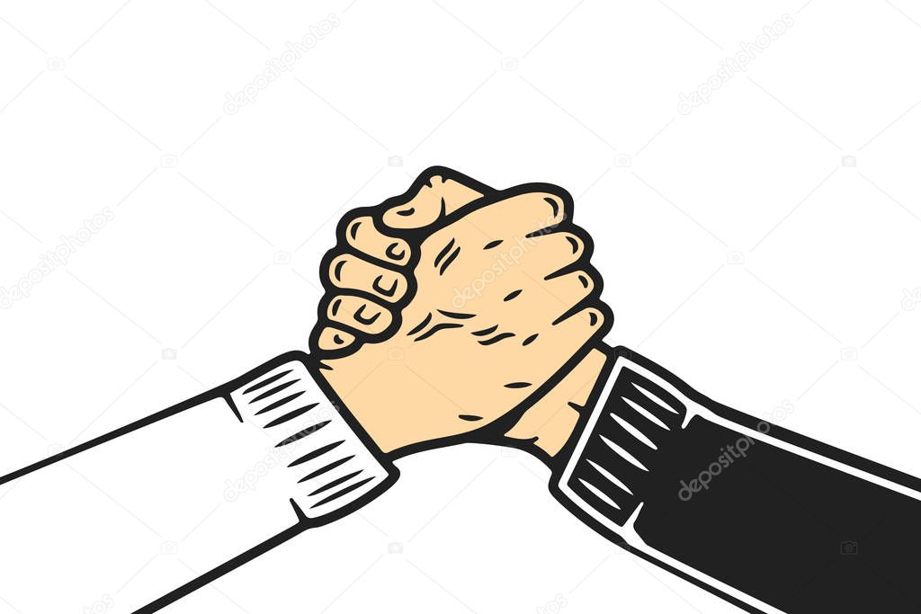 Soul brother handshake, thumb clasp handshake or homie handshake, cartoon style on isolated white background