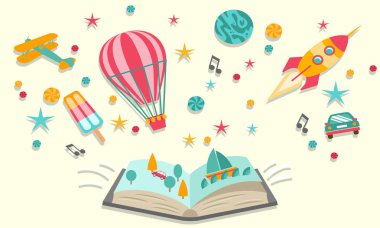 Soyut öğeler hayallerle açık kitap kavramı 
