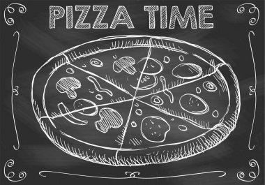 Kara tahta Pizza zaman elle çizilmiş Pizza ile kavramı
