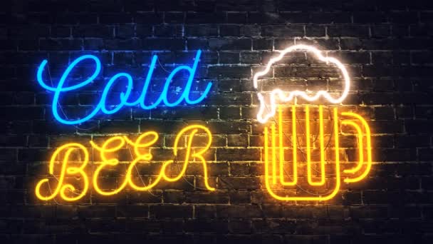 Neon Kalte Bier Bar Schild Auf Der Backsteinwand Hintergrund — Stockvideo