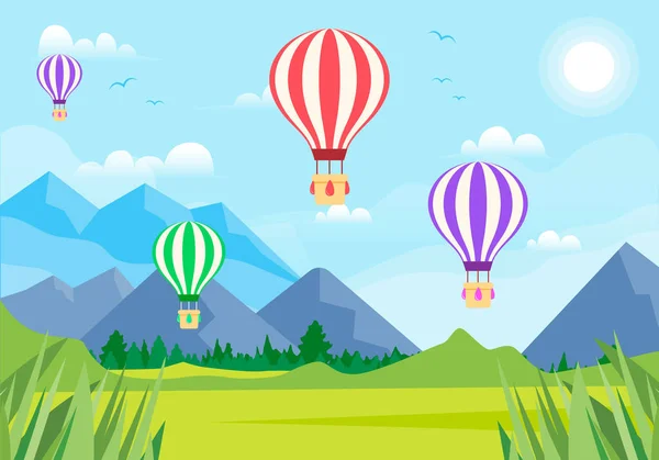 Globos Calientes Lindo Paisaje Con Vector Montañas — Vector de stock