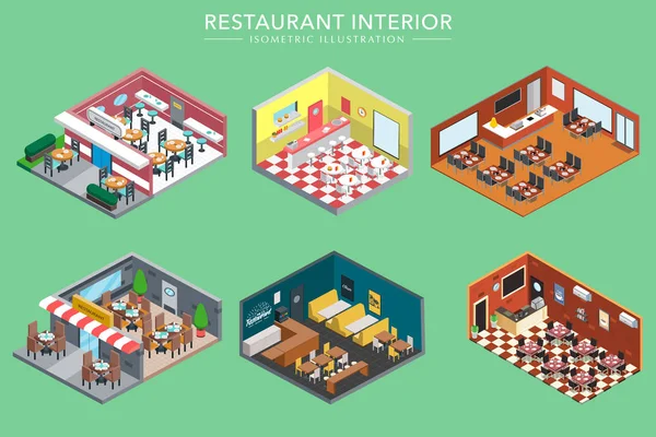 Concept Isometric Restaurant Interiors Vector Illustration — Stock Vector