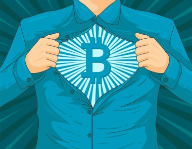 Erkek blockchain Btc kahraman vektör illüstrasyon kavramı
