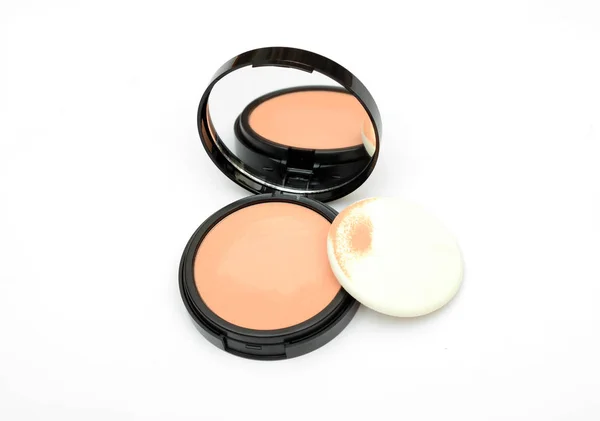 Face compact makeup powder with mirror on white background — Stok fotoğraf