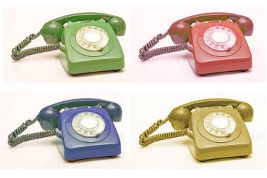 Renkli eski telefon kolaj, iletişim kavramı arka plan