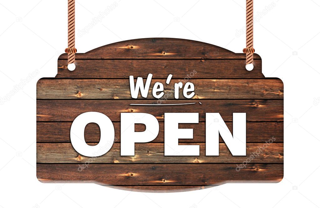 Text of were open in Rope wooden hanging sign