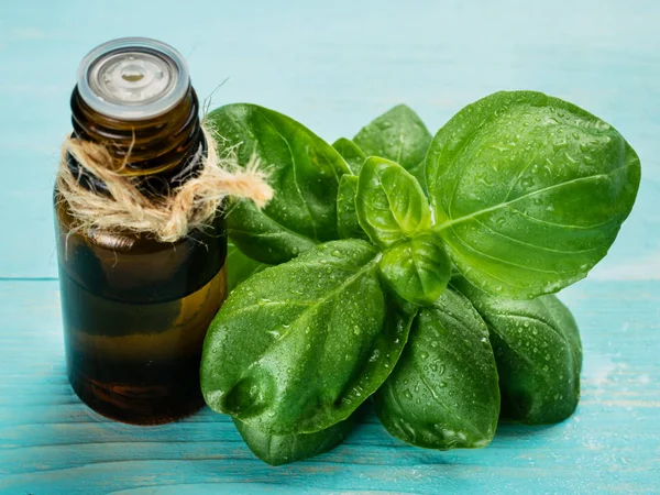 Brown glass bottle of basil essential oil with fresh green basil leaves on blue wooden background