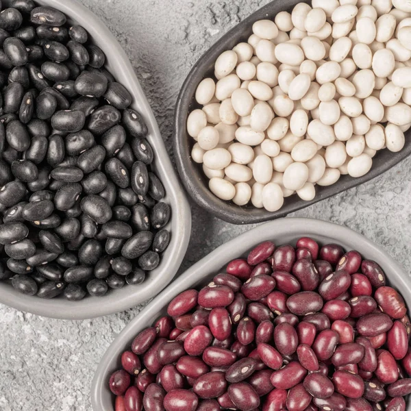 Top view of raw beans in trendy plate on gray concrete background. Three plates with black, red and white beans with copy space. Square