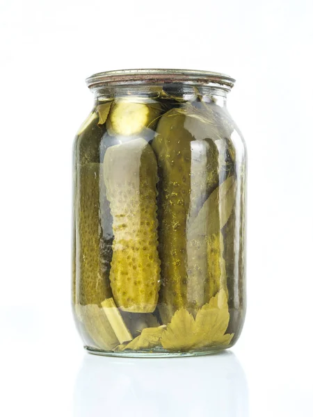Pickled cucumbers isolated. Pickles in glass jar isolated on white background. Salted cucumber in jar isolated — Stock Image Pickled Cucumbers Isolated Pickles Glass Jar Isolated White Background Salted Royalty Free Stock Photos