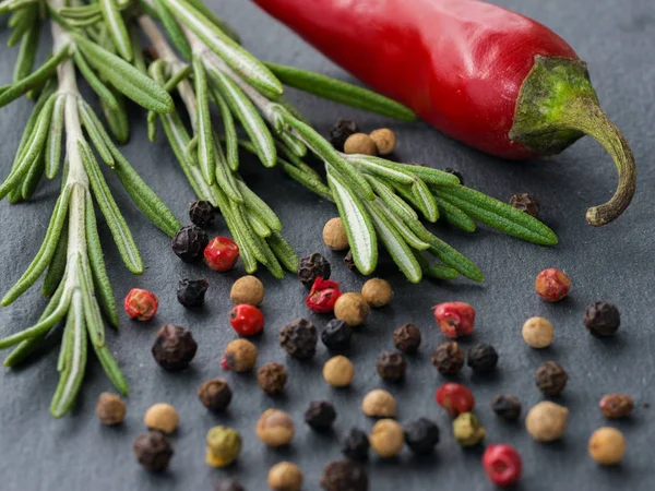 Herbs and spices over slate background. Top view or flat lay. Food background