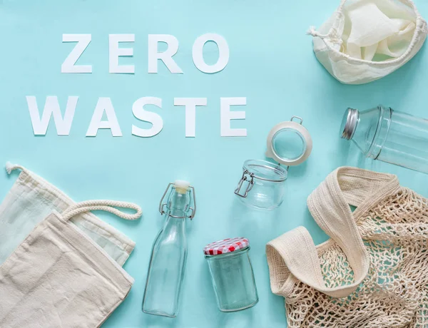 Zero waste paper text and eco bags, glass jars
