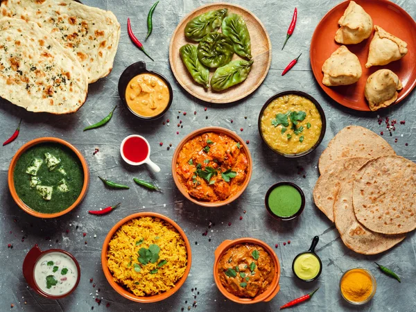 Indian food and indian cuisine dishes, top view