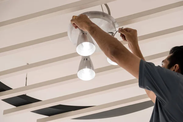 Electrical Engineers Installing Ceiling Lamps Hallway — Stock Photo, Image