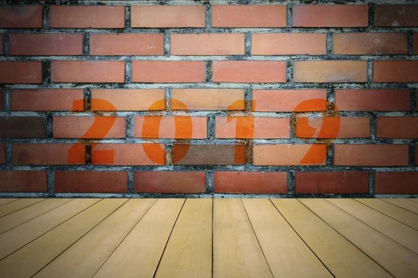 Closeup 2019 Figures Surface Old Brick Wall Wooden Floor Background — Stock Photo, Image