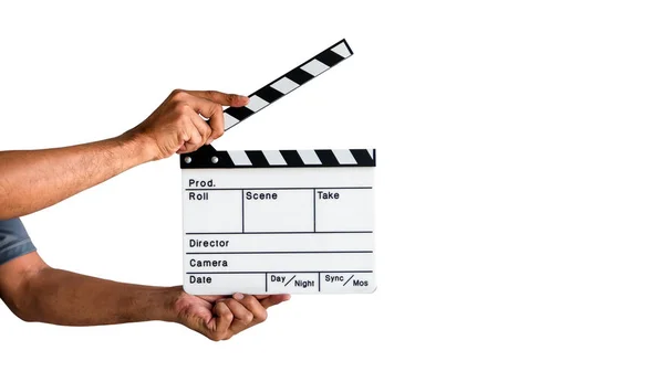 Mão Segurando Uma Ardósia Filme Clapboard Ardósia Filme Isolado Fundo — Fotografia de Stock