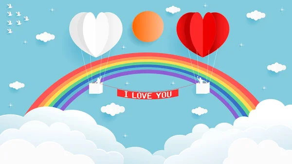 纸艺术风格向量例证图图设计心脏形状白色和红色气球的甜情人节卡片天空与美丽的彩虹 — 图库矢量图片