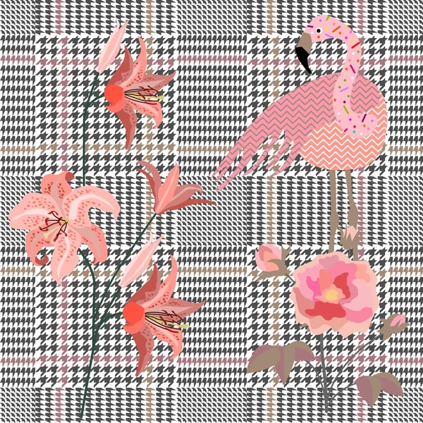 Impressão quadriculada com lírios, rosas e flamingo . —  Vetores de Stock