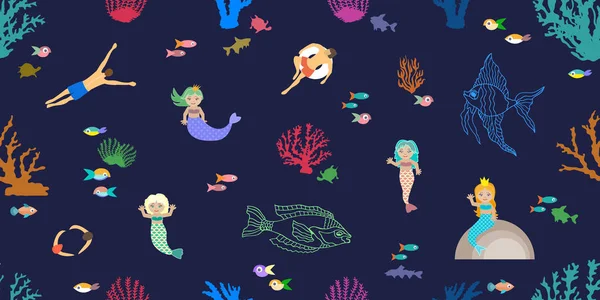 Les gens et les sirènes nageant dans la mer . — Image vectorielle