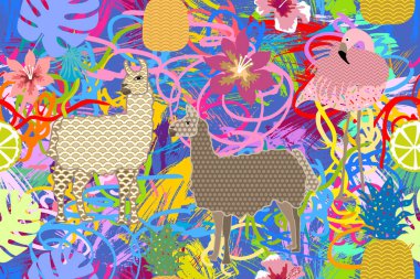Flamingo and llamas on colorful grunge background. clipart