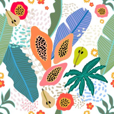 Tropikal meyve ve yaprakları çiçek desenli.