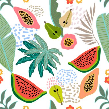 Tropikal meyve ve yaprakları çiçek desenli.