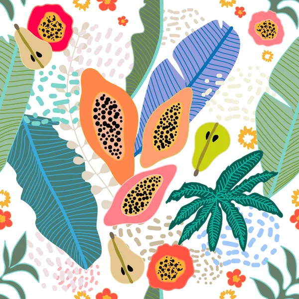 Tropikal meyve ve yaprakları çiçek desenli.