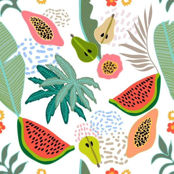 Tropikal meyve ve yaprakları çiçek desenli.