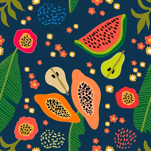 Tropikal meyve ve yaprakları çiçek desenli.