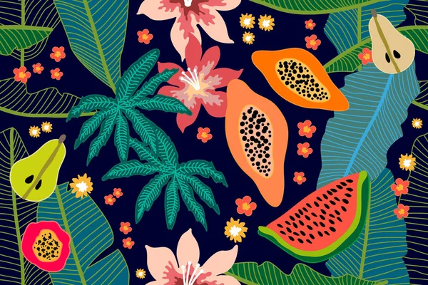 Amplio patrón floral con frutas tropicales y hojas . — Vector de stock