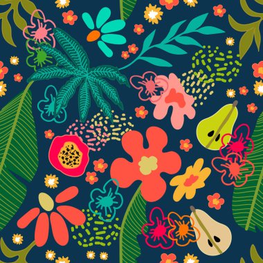 Tropikal çiçek ve meyve tarafından 1950'lerde 1960'larda tasarım ilham ile Seamless botanik modeli. Retro Tekstil koleksiyon. Beyaz arka plan üzerinde.
