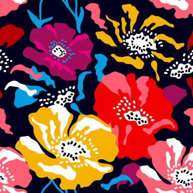 Koyu mavi zemin üzerine renkli büyük haşhaş.