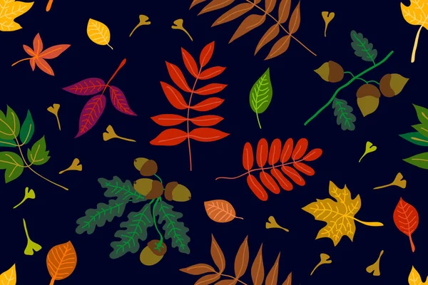 カラフルな葉っぱとどんぐりがコントラストの背景に. — ストックベクタ