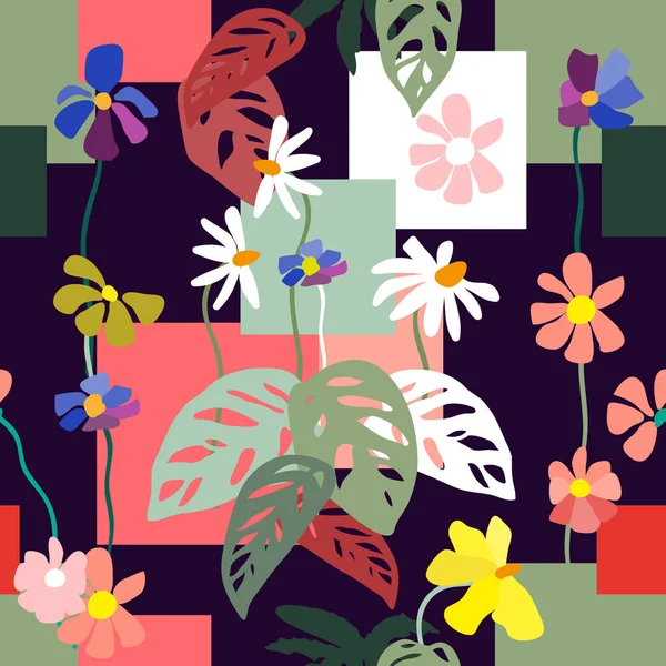 Geometrisk print med blommotiv. — Stock vektor