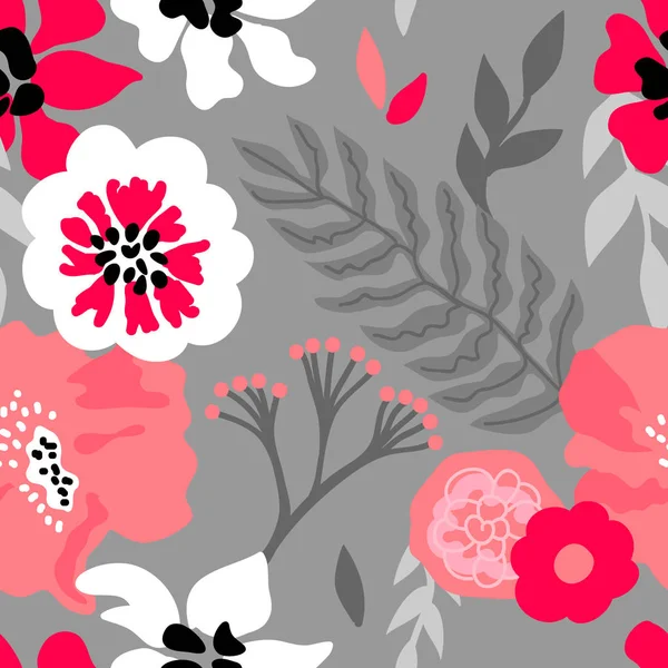 Roze bloemen en grijze bladeren. — Stockvector