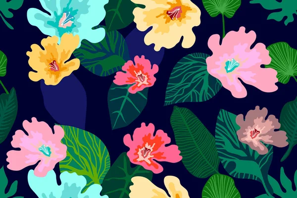 Jungle print med blommande blommor. — Stock vektor