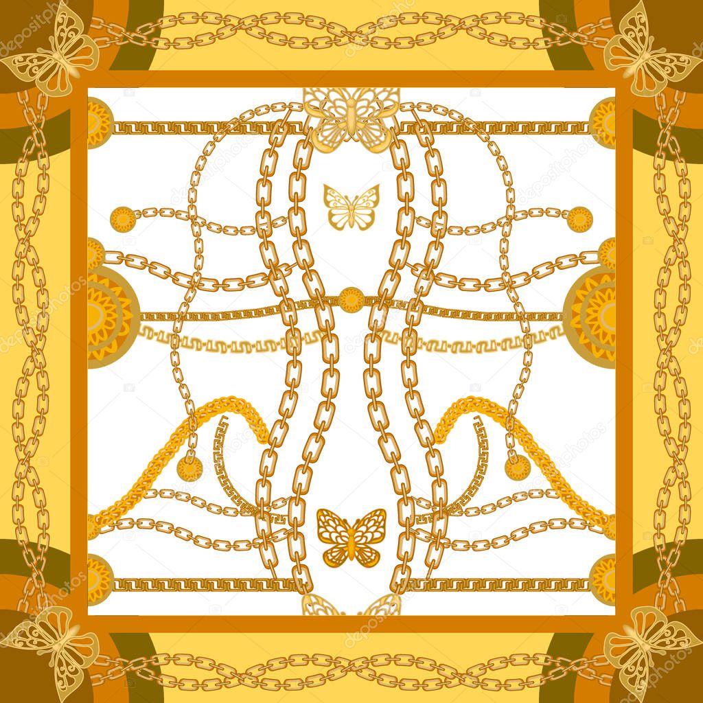 Silk scarf with chains and golden butterflies.