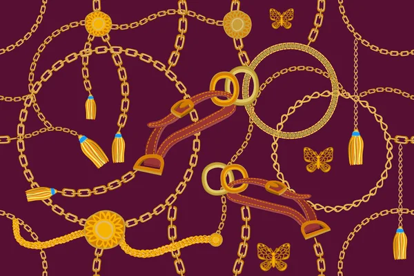 Бесшовный Векторный Рисунок Ремнями Цепями Монетами Винтажная Текстильная Коллекция — стоковый вектор