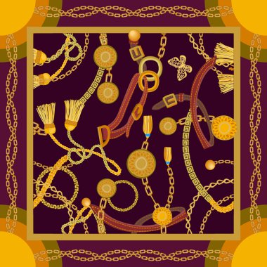 Altın zincirler ve perde fırçalar ile ipek eşarp.
