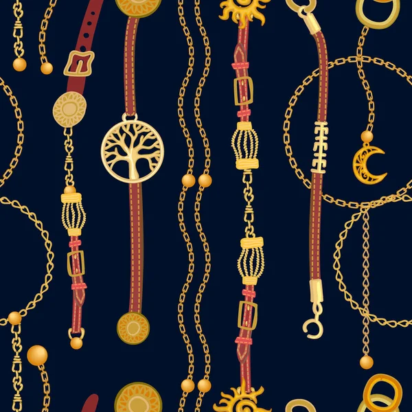 Lujosa impresión con cadenas, colgantes, correas y cordones . — Archivo Imágenes Vectoriales