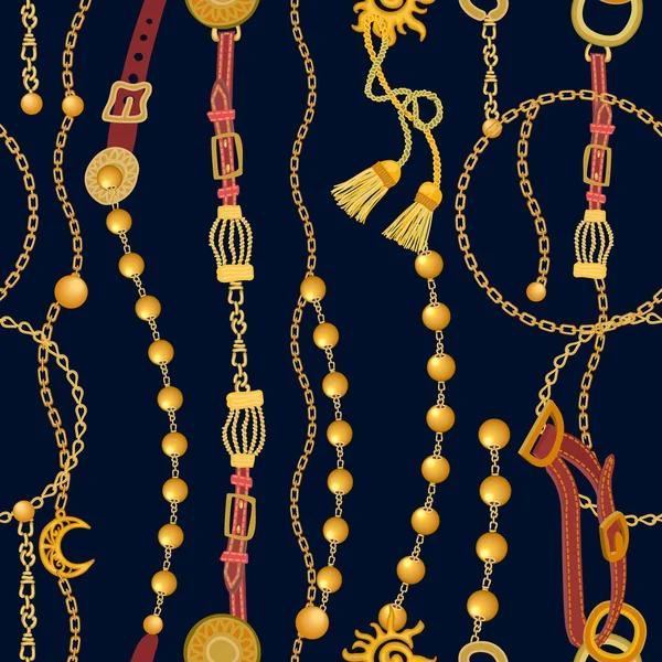 Estampado barroco con cadenas, cuentas, correas y pinceles . — Vector de stock