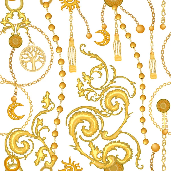 Estampado barroco con pergaminos, cadenas y pinceles . — Archivo Imágenes Vectoriales