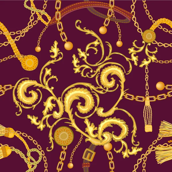 Estampado barroco con pergaminos, cadenas y pinceles . — Vector de stock