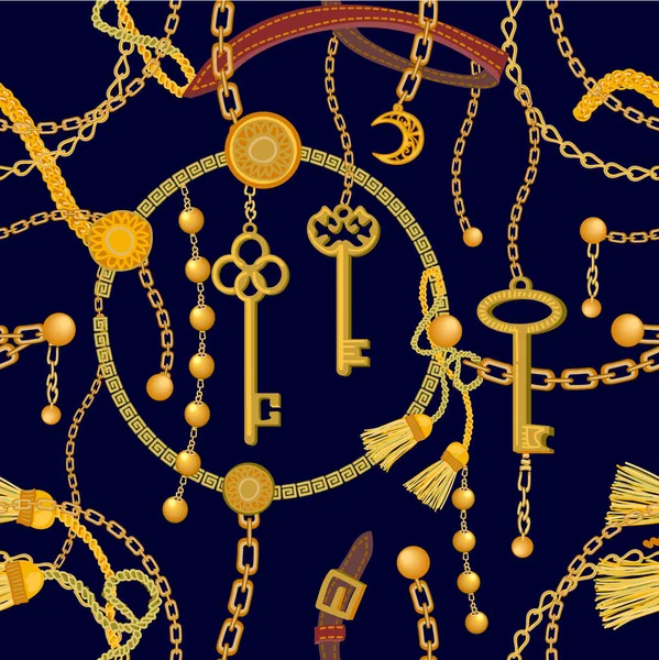 Impresión de moda con llaves, cadenas y abalorios . — Vector de stock