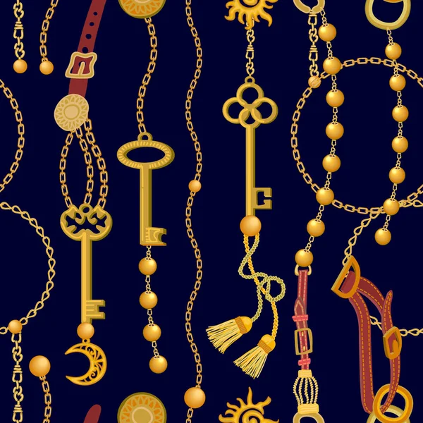 Impresión de moda con llaves, cadenas y abalorios . — Vector de stock