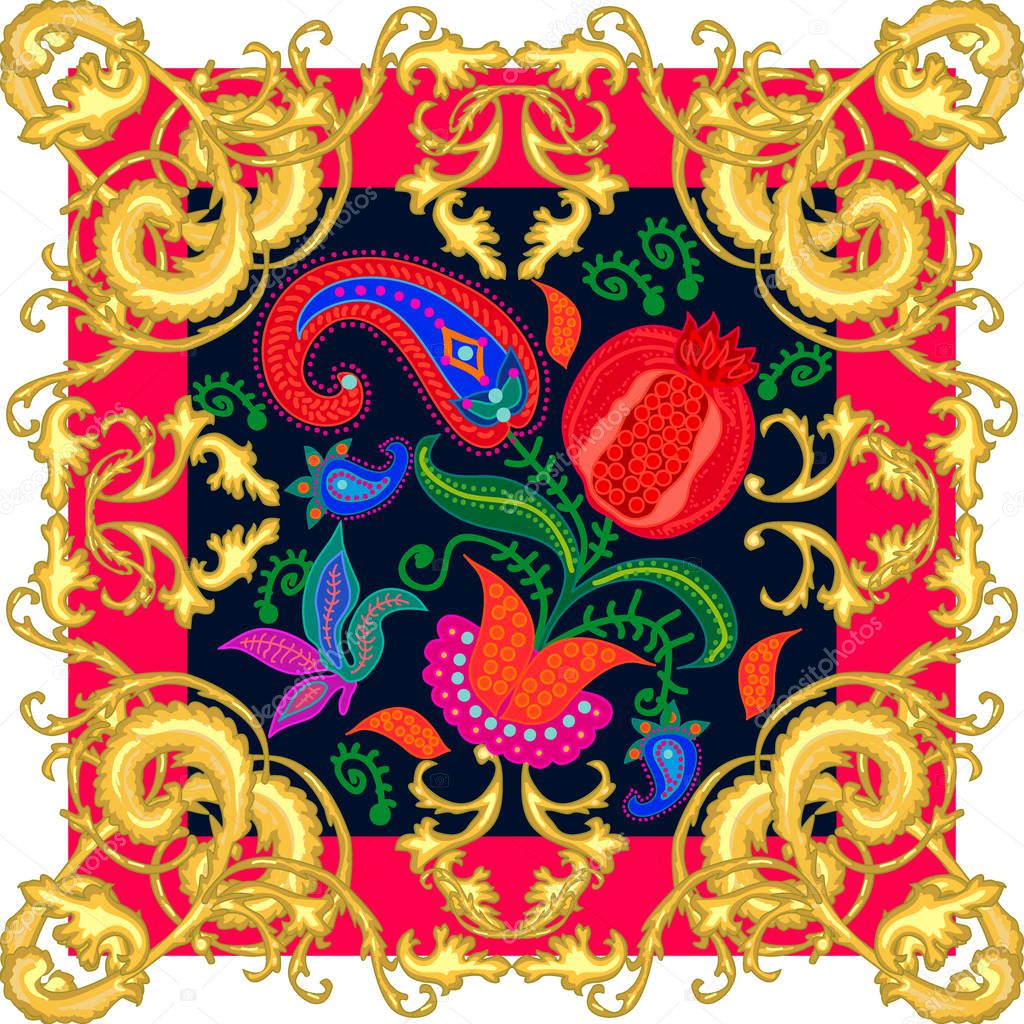Silk scarf with baroque motifs.