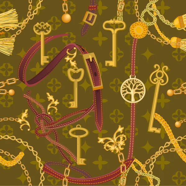Estampado barroco con cadenas, correas y llaves . — Archivo Imágenes Vectoriales