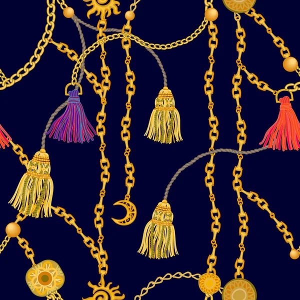 Impression textile avec chaînes, pendentifs et brosses . — Image vectorielle