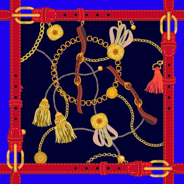 Soyut altın zincirler ve kırmızı kemer ile yazdırma.