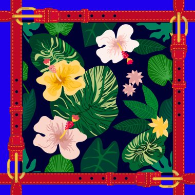 Kırmızı kemer ve çiçeklerle İpek eşarp. 