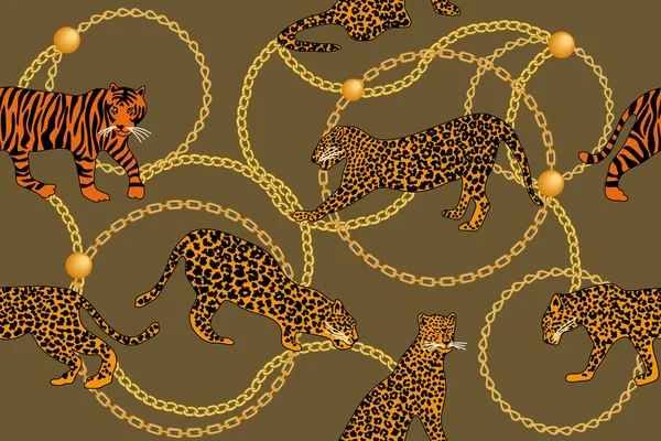 Leopards, tiger and golden chains. — Stock Vector